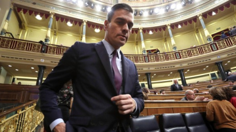 El president del Govern espanyol, Pedro Sánchez, durant el debat de totalitat dels pressupostos al ple del Congrés. EFE/Kiko Huesca