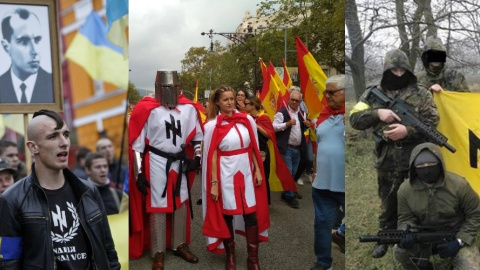 A la izquierda, nazis de Svoboda manifestándose en Kiev. En el centro, el líder del Frente Nacional Identitario del que era simpatizante el francotirador manifestándose por la unidad de España en Barcelona y a la derecha paramilitares del grupo nazi u