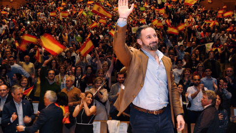 15/04/2010 - El candidato de Vox a la presidencia del Gobierno, Santiago Abascal, durante el mitin ofrecido este lunes en Valladolid | EFE/ Nacho Gallego