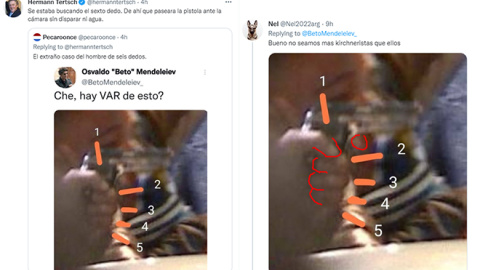 Captura de los tuits con el bulo que con un fotograma borroso con una mano dibujada pretende poner en duda que el tirador tuviera el dedo en el gatillo