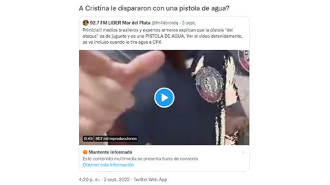 Tuit de Johanes Kaiser, youtuber y hermano de Axel Kaiser, director de la fundación Para el Progreso de Atlas Network, y que fue uno de los difusores del bulo de la pistola de agua del atentado contra Fernández de Kirchner