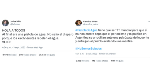 Tuit de Milei hablando de la pistola de agua sobre el atentado contra Fernández de Kirchner y el tuit de una cuenta parodia simpatizante de Milei que tuvo el segundo tuit con mayor número de retuits con el hashtag sobre la pistola de agua