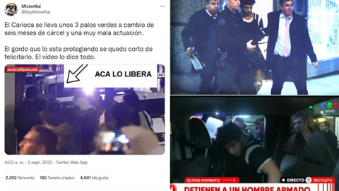 Bulo difundido sobre que el presunto autor del atentado contra Fernández de Kirchner, tras ser detenido, es felicitado y liberado por la policía con imágenes en las que se ven los momentos de su detención y cómo se le introduce en un coche policial