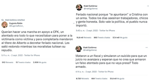 Tuits de Iñaki Gutiérrez, asesor de Milei y Bullrich, hablando de montaje en el atentado de Fernández de Kirchner