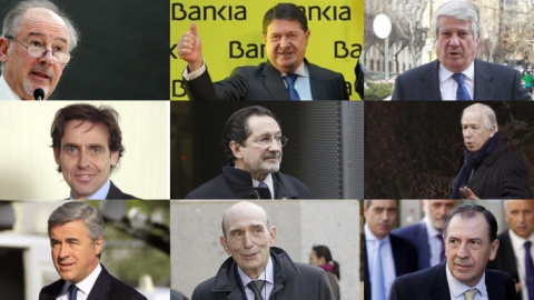 Nueve de los 32 imputados por el fiasco de la salida a bolsa de Bankia, de izquierda a derecha: Rodrigo Rato, José Luis Olivas, Arturo Fernández, Francisco Javier López Madrid, José Antonio Moral Santín, Ricardo Romero de Tejada, Ángel Acebes, José