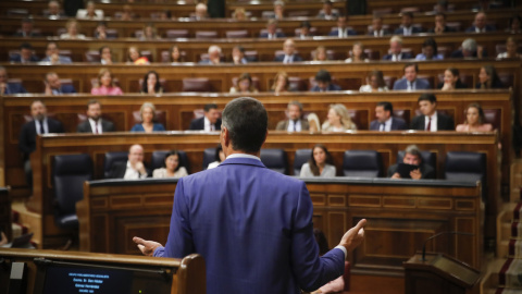 14/09/2022.- El presidente del Gobierno, Pedro Sánchez, durante su intervención en la sesión de control al gobierno celebrada este miércoles en el Congreso. EFE/Juan Carlos Hidalgo