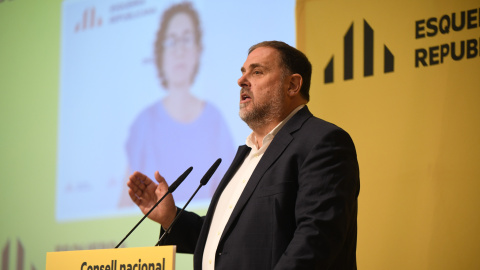 El president d'ERC, Oriol Junqueras, durant la seva intervenció al Consell Nacional del partit aquest matí, amb Marta Rovira al fons en la connexió des de Ginebra.