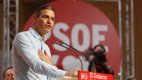 El presidente del Gobierno, Pedro Sánchez, da un discurso durante la reunión del Consejo Político Federal del PSOE, este sábado, en Zaragoza.