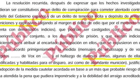 Fragmento del auto de los magistrados de la Audiencia Provincial de Barcelona que confirmó la prisión sin fianza del francotirador franquista que quería asesinar a Pedro Sánchez.