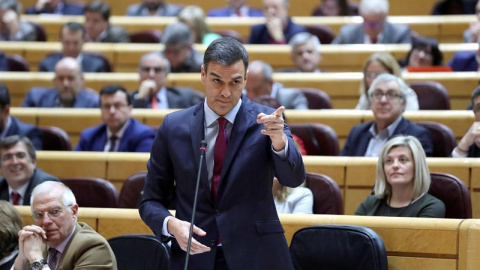 El presidente del Gobierno, Pedro Sánchez, durante su intervención, este martes, en la sesión de control al Gobierno en el Senado, el último pleno de la legislatura. EFE/Kiko Huesca