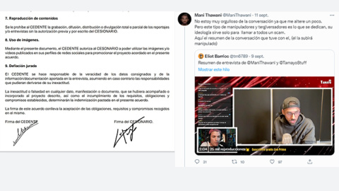 Contrato firmado por Mani Thawani que le impedía "la grabación, difusión, distribución o divulgación total o parcial de los reportajes y/o entrevistas sin la autorización previa" de Carles Tamayo y tuit que mueve declaraciones suyas sobre la entrevi