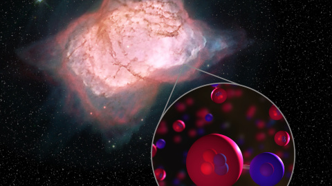 Representación de la molécula hidruro de helio junto a una imagen de la nebulosa en la que se ha detectado./NASA/SOFIA