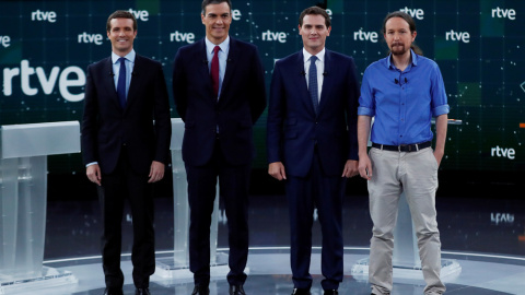 Pablo Casado, Pedro Sánchez, Albert Rivera y Pablo Iglesias en el debate a cuatro en RTVE. /REUTERS