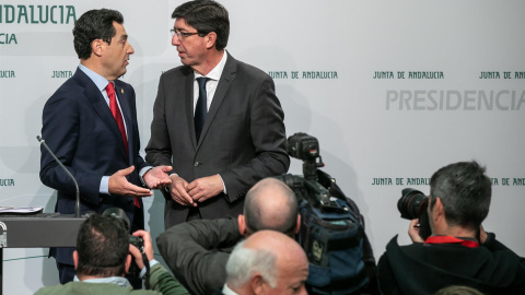 Juanma Moreno y Juan Marín hacen balance de sus primeros cien días al frente del Gobierno de  Andalucía