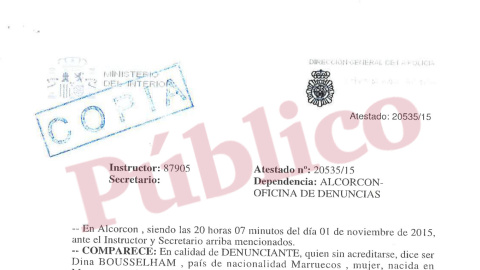 Primer página de la denuncia puesta por la colaboradora de Pablo Iglesias el 1 de noviembre de 2015 en dependencias policiales.