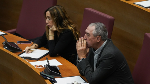 Los diputados de Compromís en las Cortes Valencianas, Isaura Navarro y Joan Baldoví, durante una sesión plenaria, en Les Corts Valencianes, a 15 de noviembre de 2024, en València.