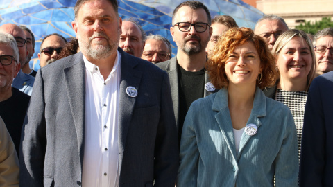 Oriol Junqueras i Elisenda Alamany, de Militància Decidim, en un acte aquest dissabte a Barcelona.