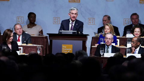 El presidente de la Reserva Federal, Jerome Powell, durante su intervención en el Economic Club de Nueva York. REUTERS/Carlo Allegri