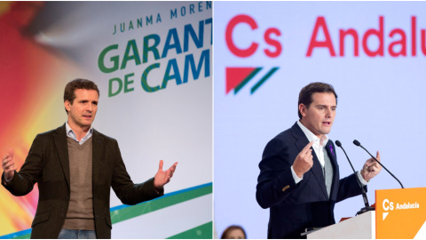 Los líderes nacionales de PP, Pablo Casado, y de Ciudadanos,  Albert Rivera, en sendos mítines de la campaña de las elecciones andaluzas del 2-D. EFE