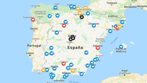 Mapa de las concentraciones y protestas convocadas contra la banca y la justicia por el impuesto sobre las hipotecas. Autores: Irene Martínez Nevot y Carlos Benéitez Fernandez