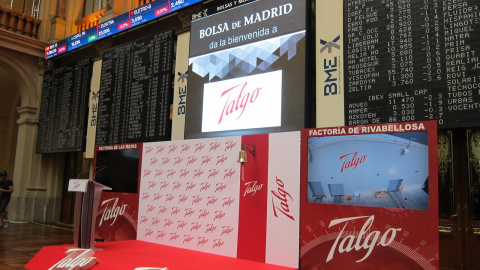 Escenario de Talgo en la Bolsa de Madrid en el primer día de cotización del fabricante ferroviario. E.P.