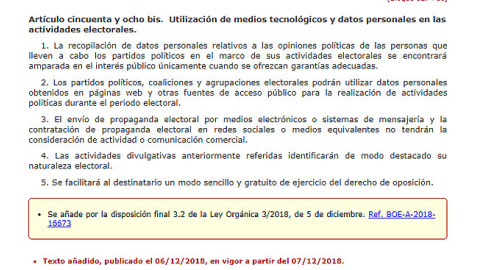 Contenido del artículo 58 bis de la LOREG. BOE