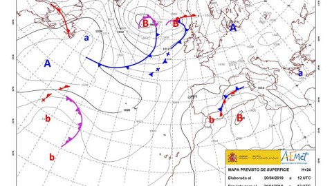 Mapa de isobaras facilitado por la Aemet el 20/04/2019 y previsto para el 21/04/2019. EFE