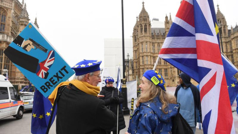 Varios manifestantes pro europeístas participan en una protesta junto al Parlamento británico en Londres (Reino Unido) hoy, 10 de enero de 2019. - El Parlamento británico anunció hoy que debatirá un total de siete peticiones ciudadanas respecto al "b