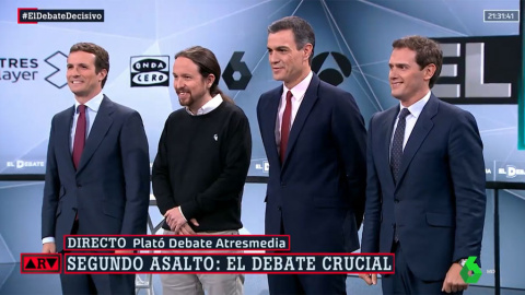 Pedro Sánchez, Pablo Casado, Albert Rivera y Pablo Iglesias, antes del debate en Atresmedia.