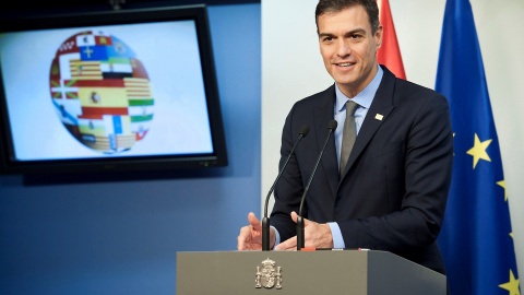 El presidente del Gobierno español, Pedro Sánchez, durante su comparecencia ante los periodistas tras la reunión del Consejo Europeo que avaló el acuerdo entre la Unión Europea y el Reino Unido para hacer efectivo el brexit. EFE/ Horst Wagner