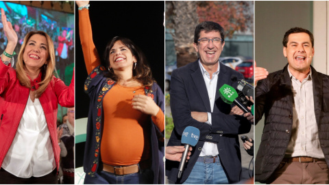 Los candidatos a la presidencia de Andalucía de los principales partidos: Susana Díaz (PSOE), Teresa Rodríguez (Adelante Andalucía), Juan Marín (Ciudadanos), y Juan Manuel Moreno Bonilla (PP). EFE