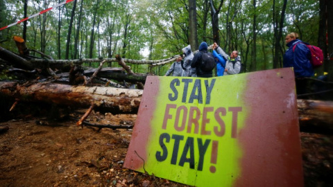 Activistas contra la mina a cielo abierto de lignito que iba a suponer la tala del bosque de Hambach. REUTERS