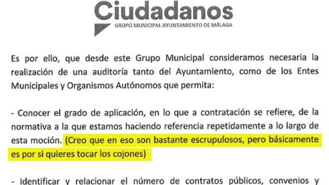 Extracto de la iniciativa registrada por el grupo municipal de Ciudadanos en el Ayuntamiento de Málaga.