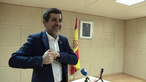 El cabeza de lista de JxCat al Congreso por Barcelona, Jordi Sànchez, ras una rueda de prensa por vía telemática desde el centro penitenciario de Soto del Real en Madrid. EFE POOL