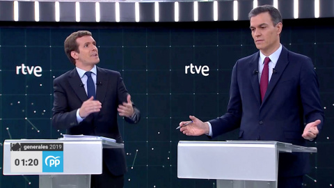 Pablo Casado (PP) interpela a Pedro Sánchez (PSOE) durante el debate electoral en TVE. REUTERS