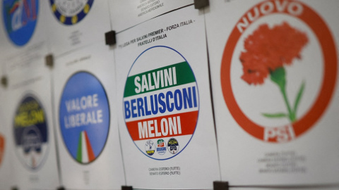 12/09/2022. Símbolo de la coalición de la ultraderecha italiana de cara a las elecciones del 25 de septiembre, en Roma, a 23 de agosto de 2022.