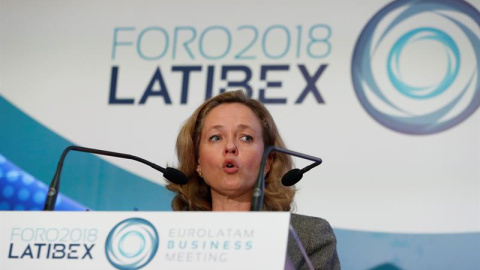 La ministra de Economía, Nadia Calviño, durante su intervención en la inauguración del Foro Latibex | J. J. Guillén /  EFE