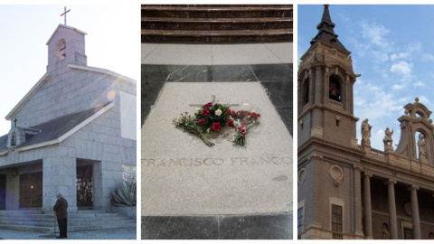 De izquierda a derecha: capilla del cementerio de Mingorrubio; tumba de Franco en el Valle de los Caídos; y Catedral de La Almudena