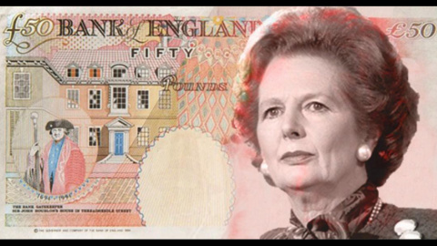 Simulación de los nuevos billetes de 50 libras con la efigie de Margaret Thatcher diseñada por los promotores de la campaña a favor de la ex primera ministra británica.