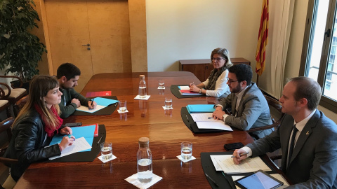 La primera reunió entre Catalunya en Comú Podem i el Govern per abordar els pressupostos del 2019. EUROPA PRESS.