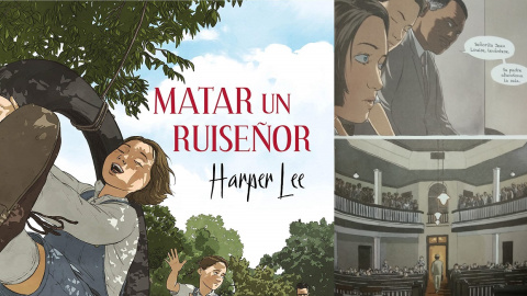 Portada y viñeta de Matar a un ruiseñor, novela gráfica de Fred Fordham que adapta la novela de Harper Lee