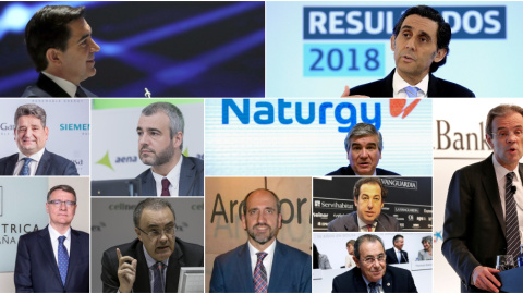 De izquierda a derecha y de arriba a abajo, Carlos Torres (BBVA), José María Alvarez Pallete (Telefónica), Miguel Ángel López (Siemens Gamesa), Maurici Lucena (Aena), Francisco Reynés (Naturgy), Jordi Gual (Caixabank), Jordi Sevilla (REE), Tobías M