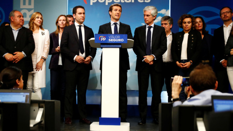 El presidente del PP, Pablo Casado, con sus equipo, valora los resultados de las elecciones del 28-A, en la sede del partido en la madrileña calle de Génova. REUTERS/Juan Medina