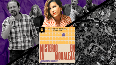 Montaje de Eva Lamarca, periodista del podcast 'Misterio en la Moraleja', junto a los políticos de Unidas Podemos en las elecciones del 2021 y una imagen del barrio de La Moraleja