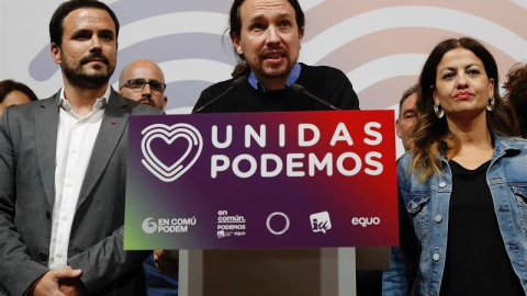 Iglesias, durante su comparecencia para valorar los resultados de las elecciones. EFE/J.P. Gandúl