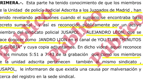 Inicio de la denuncia presentada por la UPF ante el Juzgado 32 de Madrid por un delito de revelación de sumario secreto cometido por miembros de Jusapol.