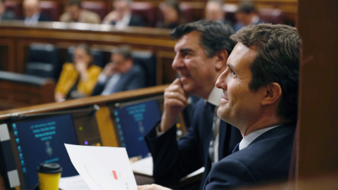 El presidente del PP, Pablo Casado, en el último pleno del Congreso antes de la convocatoria de elecciones. EFE/J.P.Gandul