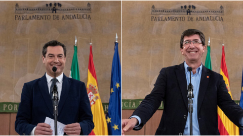 El líder del Partido Popular andaluz, Juanma Moreno Bonilla, y su homólogo en Ciudadanos, Juan Marín, durante su comparecencia tras la reunión que han mantenido esta tarde en el Parlamento andaluz en Sevilla con Ciudadanos para tratar sobre el cambio 