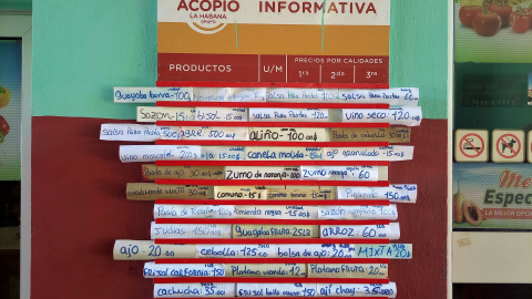 Un mostrador con los precios para los alimentos en Cuba.