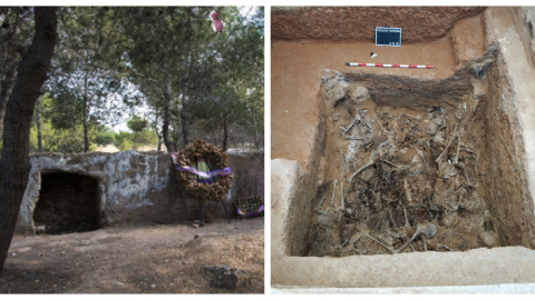 A la izquierda, el paredón España. A la derecha, una fosa común del cementerio de Paterna con los fusilados en el paredón.